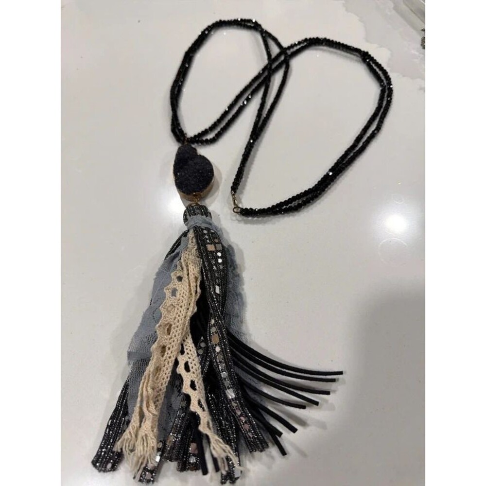 Vintage Style Black Beaded Double Strand Statement Necklace with lace and stone